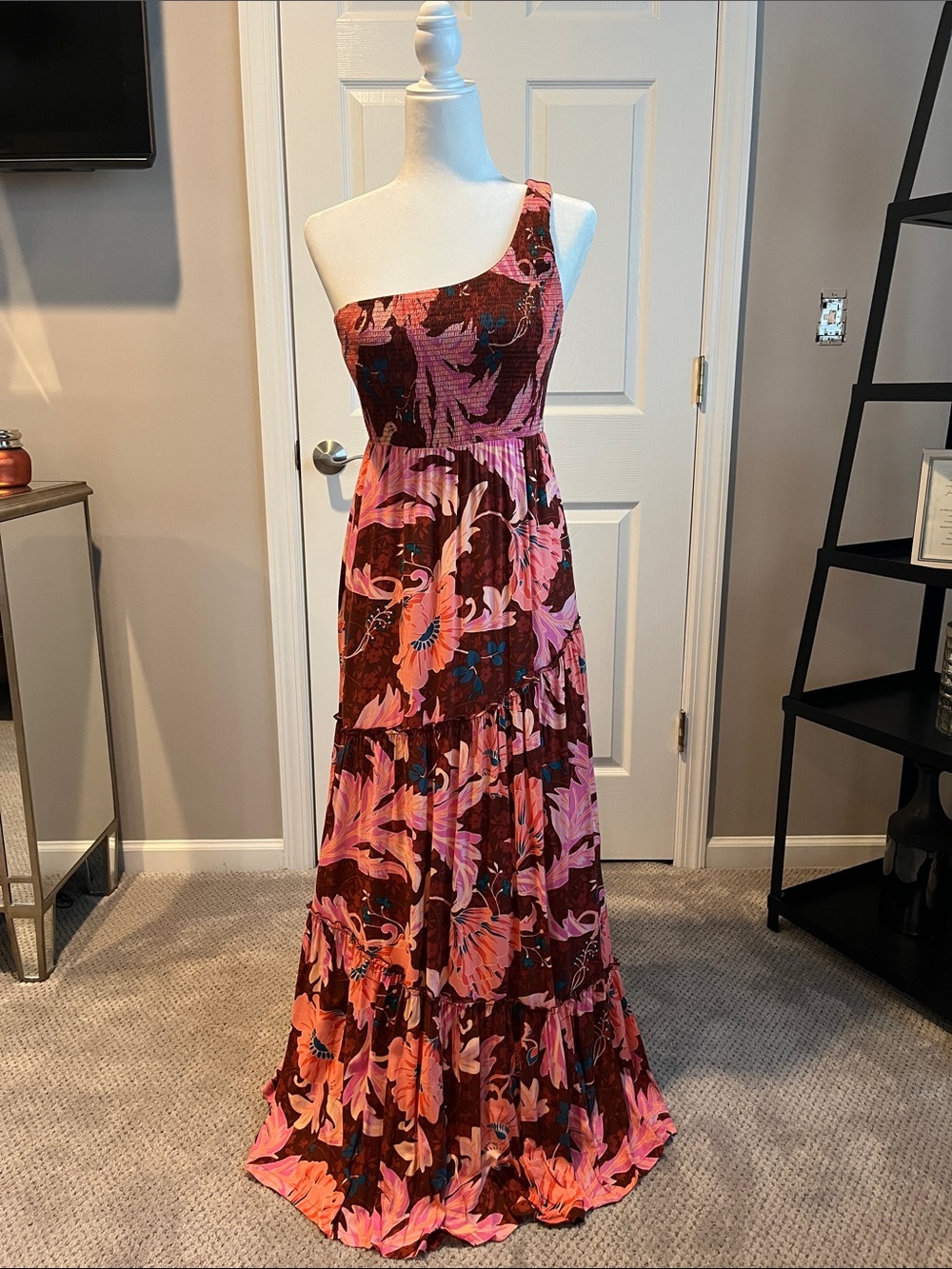 Soma One-Shoulder Pink Floral Tiered Maxi Dress